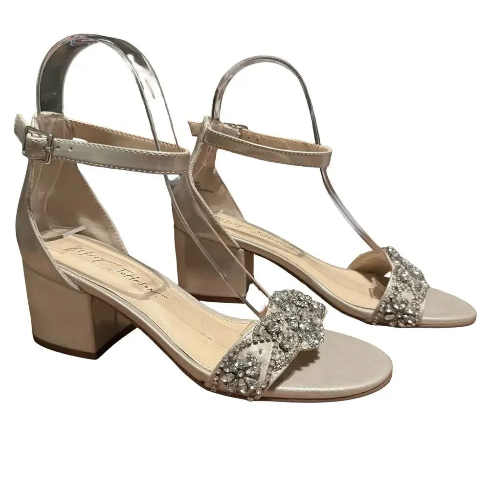Betsey Johnson Mel Champagne Rhinestone Ankle Strap Block Heel Sandals Shoes 6.5